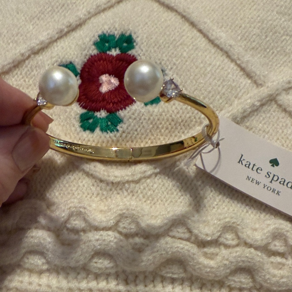 Kate Spade Gold Bracelet with Pearl Accents Spring Open, Fits Smaller Wrist